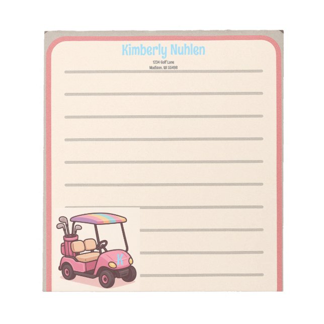 Pink Golf Cart Personalized Notepad (Front)