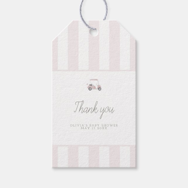 Pink golf cart rectangle favour tag (Front)