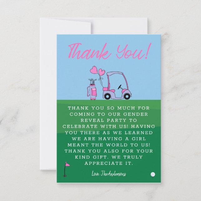 Pink Golf Gender Reveal Party Thank You Card (Front)