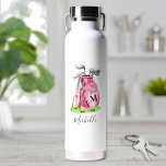 Pink Golf Name Monogram Water Bottle<br><div class="desc">This cute monogram water bottle features a stylish pink watercolor golf bag filled with clubs, surrounded by a touch of green grass. The design cleverly incorporates a simple serif font initial monogram on the bag, seamlessly blending into the design. Below the monogram, the full name is elegantly displayed in script...</div>