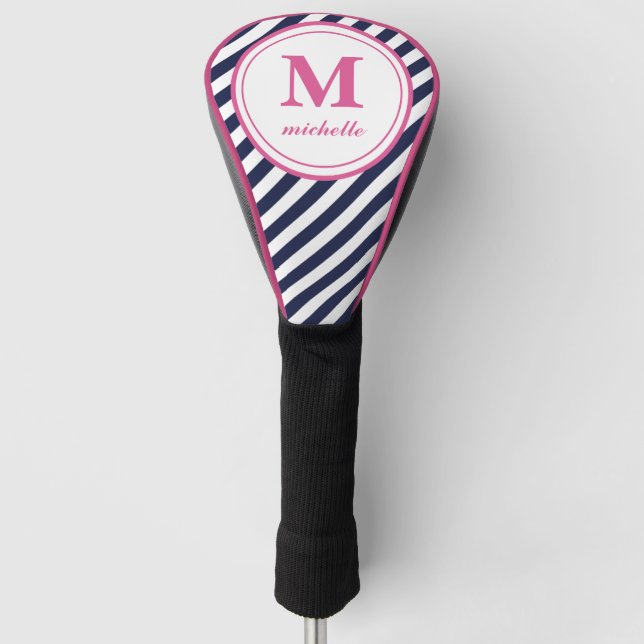 Pink | Golf | striped personalized NAME monogram Head Cover (Front)