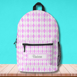 Pink Golf Themed Argyle Pattern Personalized Printed Backpack