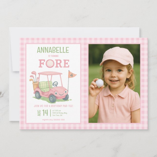 Pink Golfing 4th Birthday Photo Invitation (Front)