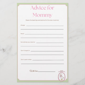 Pink Goose Baby Shower Advice for Mommy Game Card