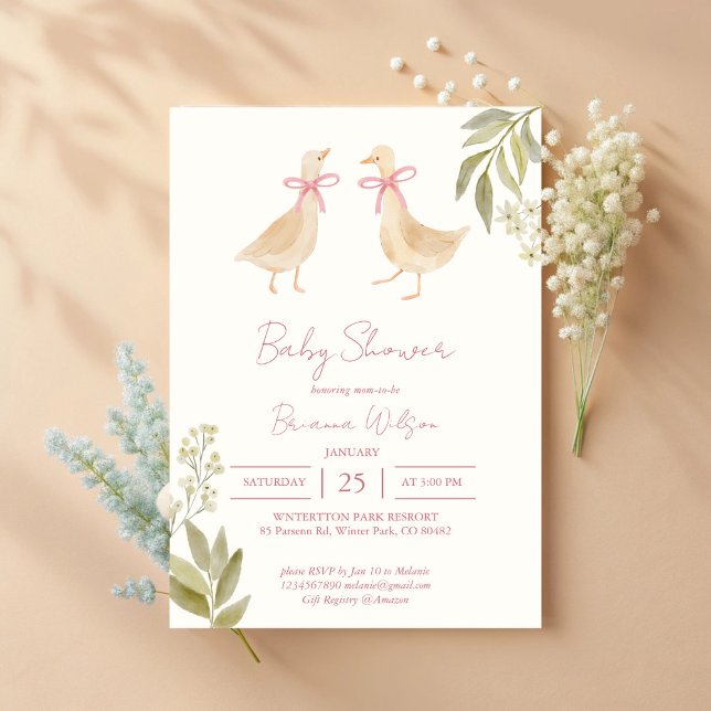 Pink Goose nursery rhymes baby shower Invitation (Pink Goose nursery rhymes twins baby shower Invitation cards template)
