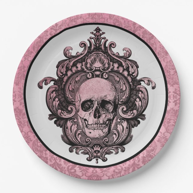 Pink Gothic Apothecary Vintage Halloween Skull Paper Plate (Front)