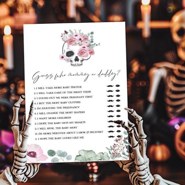 Pink Gothic Skull Guess who Mommy or Daddy Game (Floral Skull Baby Shower Guess who Mommy or Daddy Game)