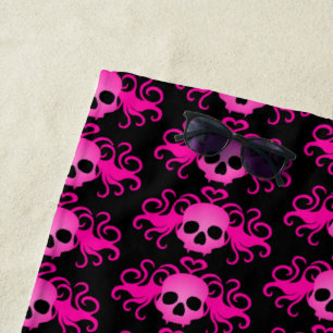 Pink Gothic skull pattern Beach Towel