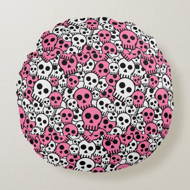 Pink Gothic Skull Pattern Print Round Pillow (Front)