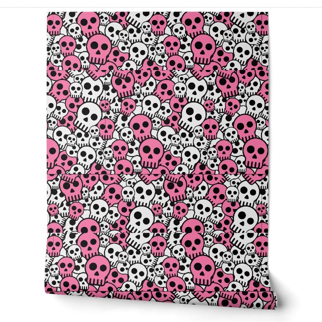 Pink Gothic Skull Pattern Print Wallpaper (Unrolling)