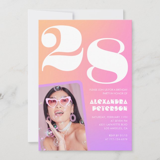 Pink Gradient 28e anniversaire invitation Retro Ph (Devant)