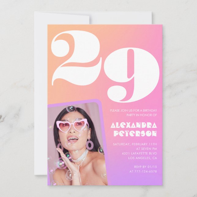 Pink Gradient 29th birthday invitation Retro Photo (Front)