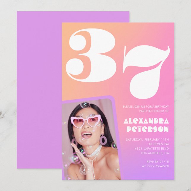 Pink Gradient 37e anniversaire invitation Retro Ph (Devant / Derrière)