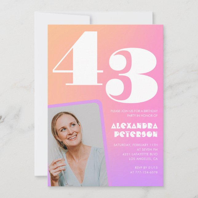 Pink Gradient 43rd birthday invitation Retro Photo (Front)