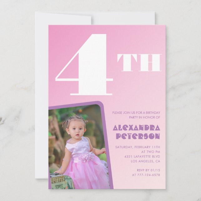 Pink Gradient 4th birthday invitations Girl Photo (Front)