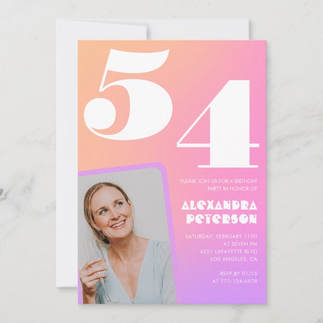 Pink Gradient 54th birthday invitation Retro Photo (Front)