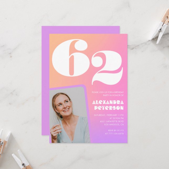 Pink Gradient 62nd birthday invitation Retro Photo (Front/Back In Situ)