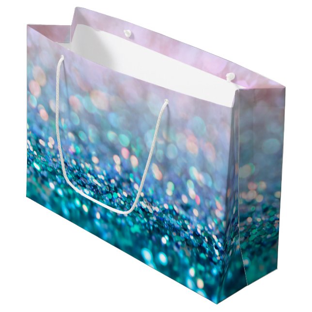 Pink Gradient Blue Teal Sparkle Trendy Glitter Large Gift Bag (Front Angled)