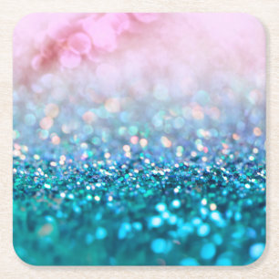 Pink Gradient Blue Teal Sparkle Trendy Glitter Square Paper Coaster
