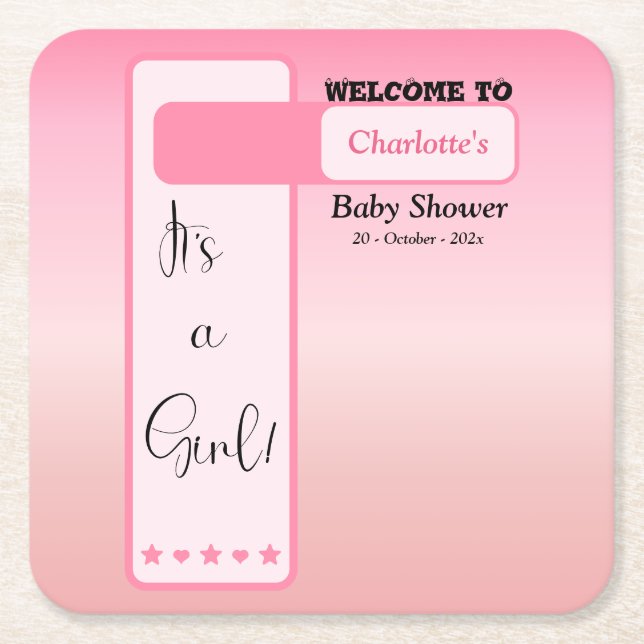 Pink Gradient Cute Eyeball Text Baby Shower Square Paper Coaster (Front)