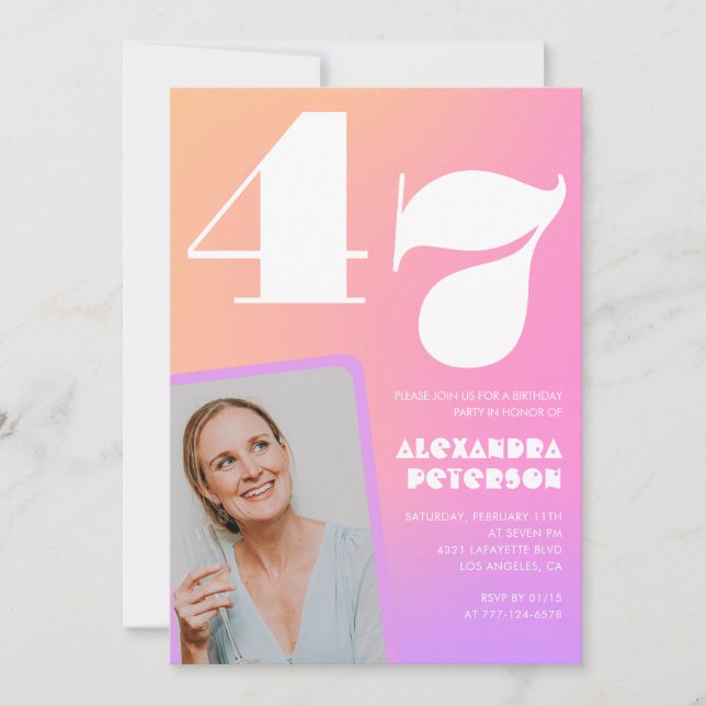 Pink Gradient Retro Photo 47th birthday Invitation (Front)