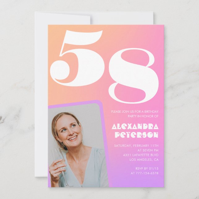Pink Gradient Retro Photo 58th birthday Invitation (Front)