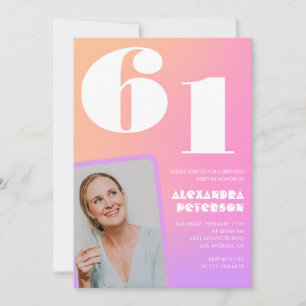 Pink Gradient Retro Photo 61st birthday Invitation