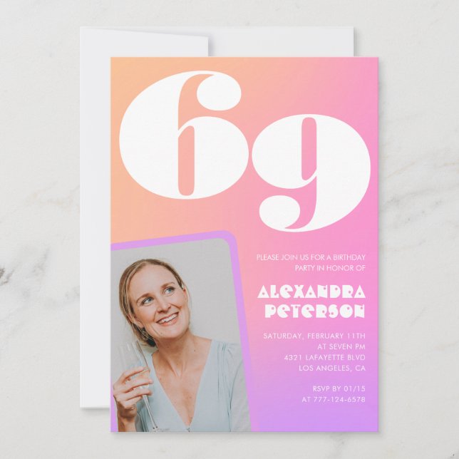 Pink Gradient Retro Photo 69th birthday Invitation (Front)