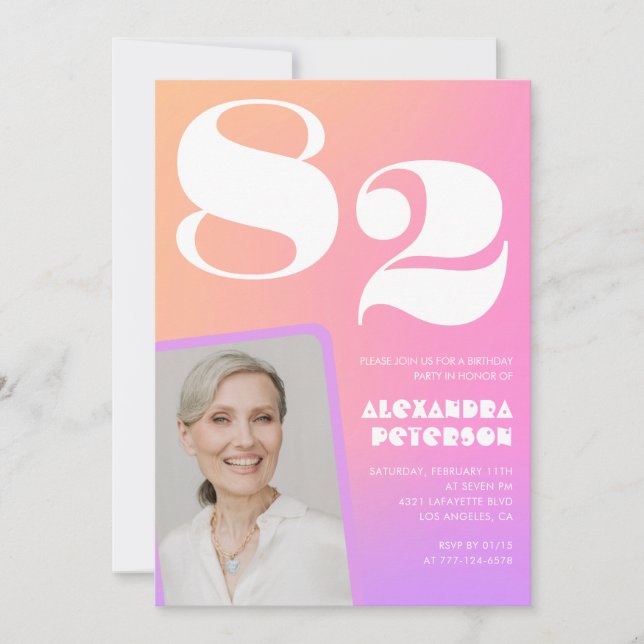 Pink Gradient Retro Photo 82nd birthday Invitation (Front)