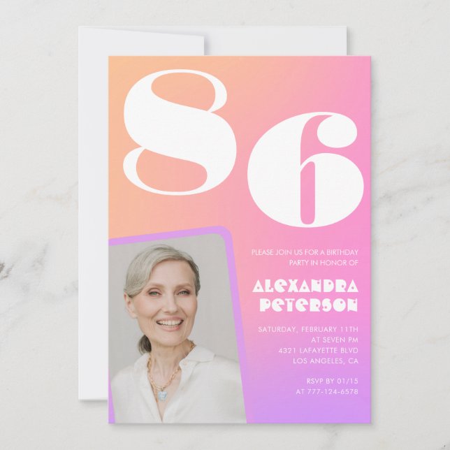 Pink Gradient Retro Photo 86th birthday Invitation (Front)