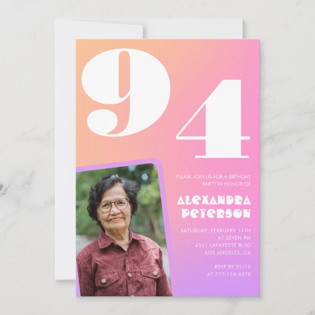 Pink Gradient Retro Photo 94th birthday Invitation (Front)