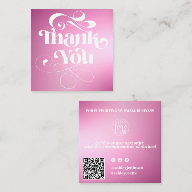 Pink gradient retro script order thank you  square business card (Front/Back)