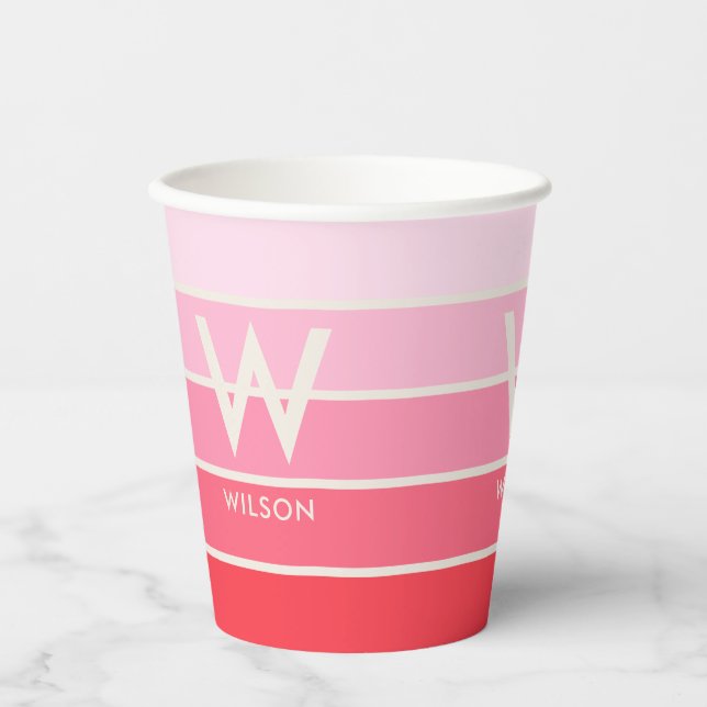 Pink Gradient Striped Monogram Personal Party Paper Cups (Front)