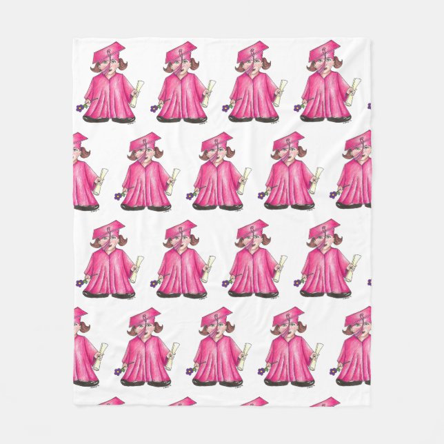 Pink Graduate Girl Cap Gown Diploma Graduation Fleece Blanket (Front)