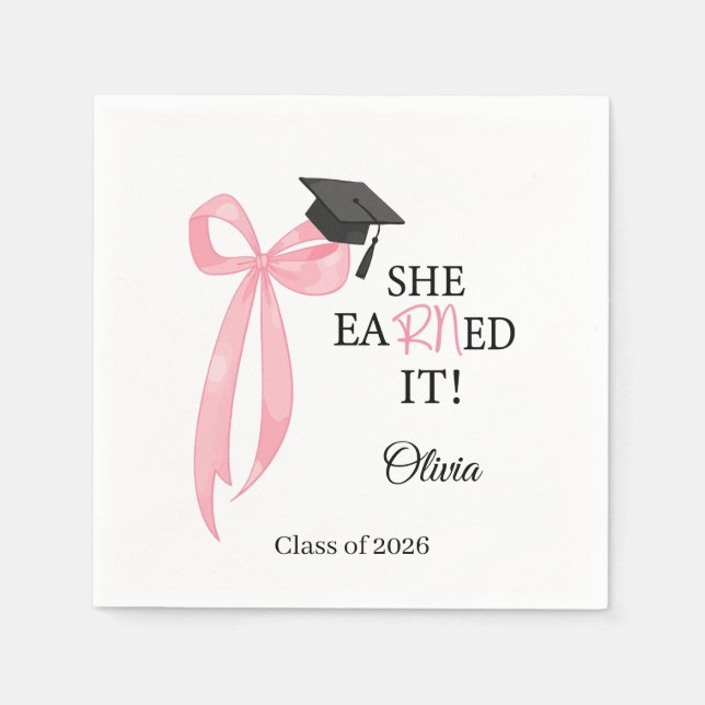 Pink Graduation Bow She Earned It Napkins (Front)