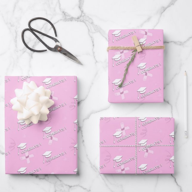 Pink Graduation Cap Diploma High School College Wrapping Paper Sheet (Front)