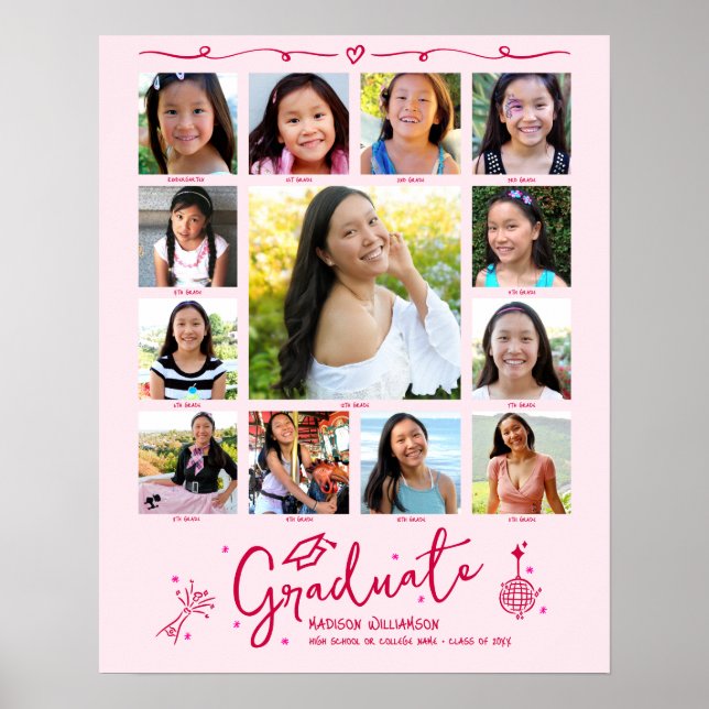 Pink Graduation K–12 Photo Collage Red Doodles Fun Poster (Front)