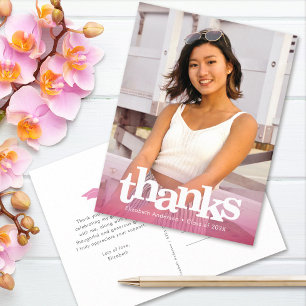 Pink graduation photo bold typography thank you postcard