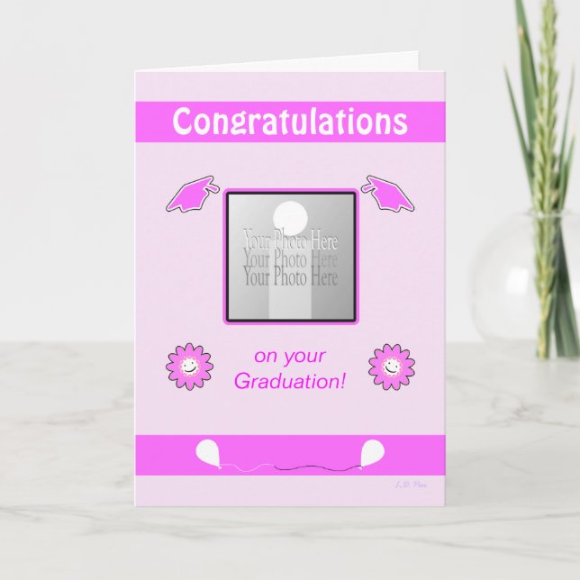 Pink Graduation Photo Flowers and Caps Card (Front)