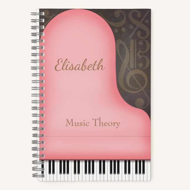 Pink Grand Piano Whimsical Music Symbols Custom Notebook (Front)