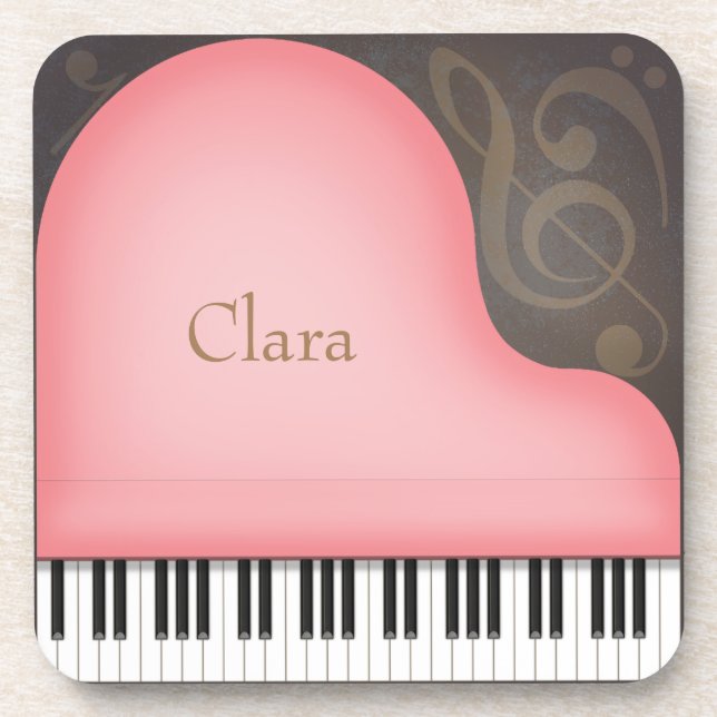 Pink Grand Piano Whimsical Musical Symbols Custom Coaster (Front)