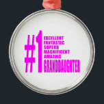 Pink Granddaughters : Number One Granddaughter Metal Ornament<br><div class="desc">Number One Granddaughter is a modern collection of fun gifts and gift ideas, designed for you to give your #1 Granddaughter at Christmas, birthday parties, anniversaries, celebrations and special occasions. Each stylish, modern gift for number one Granddaughters is customizable : add your own text, personal message, graphic, image or photograph...</div>