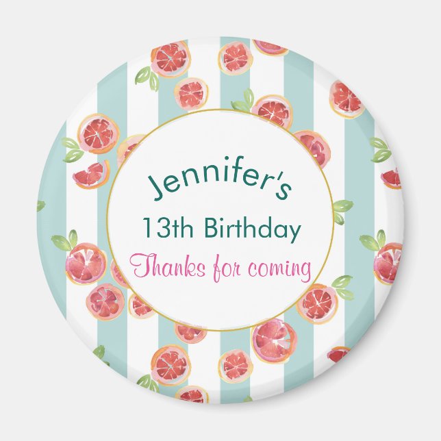 Pink Grapefruit Pattern on Green Stripes Birthday Magnet (Front)