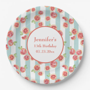 Pink Grapefruit Pattern on Green Stripes Birthday Paper Plate