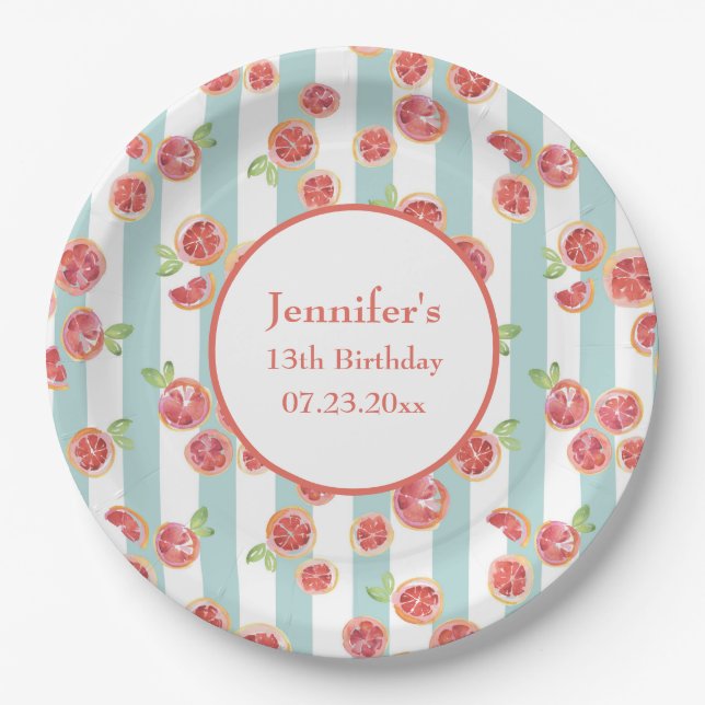 Pink Grapefruit Pattern on Green Stripes Birthday Paper Plate (Front)