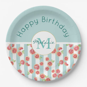 Pink Grapefruit Pattern on Green Stripes Birthday Paper Plate