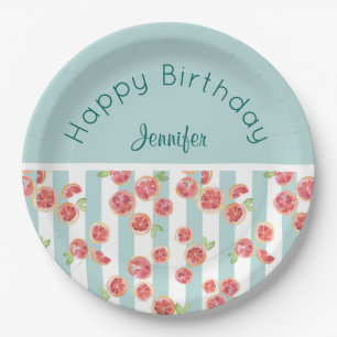 Pink Grapefruit Pattern on Green Stripes Birthday Paper Plate