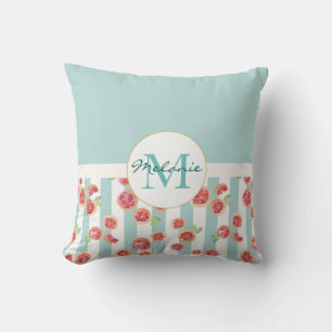 Pink Grapefruit Pattern on Green Stripes Monogram Throw Pillow