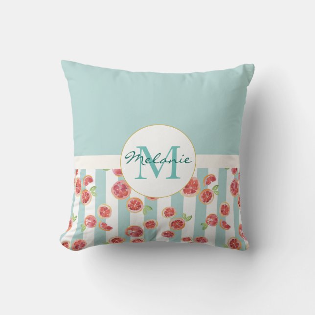 Pink Grapefruit Pattern on Green Stripes Monogram Throw Pillow (Front)