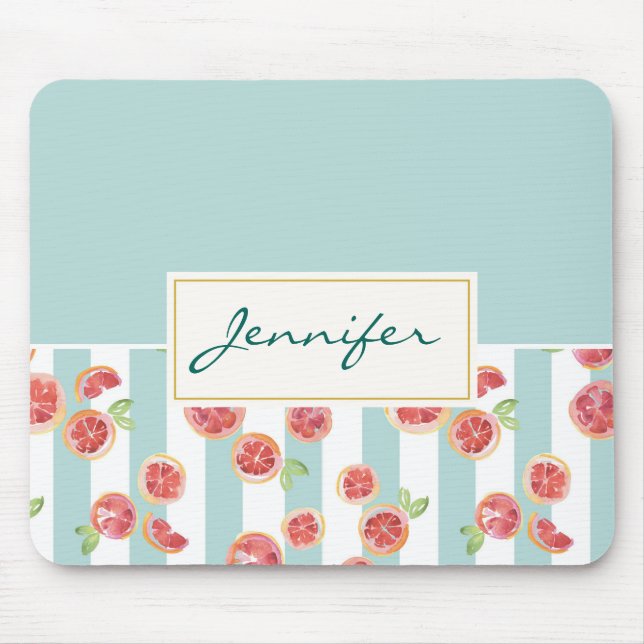 Pink Grapefruit Pattern on Green Stripes Mouse Pad (Front)